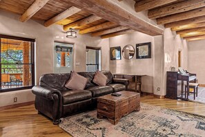 Smart TV, fireplace, books, music library