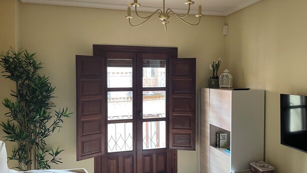 Un salon avec une porte en bois, une grande plante en pot, un canapé, un téléviseur et un meuble en bois.