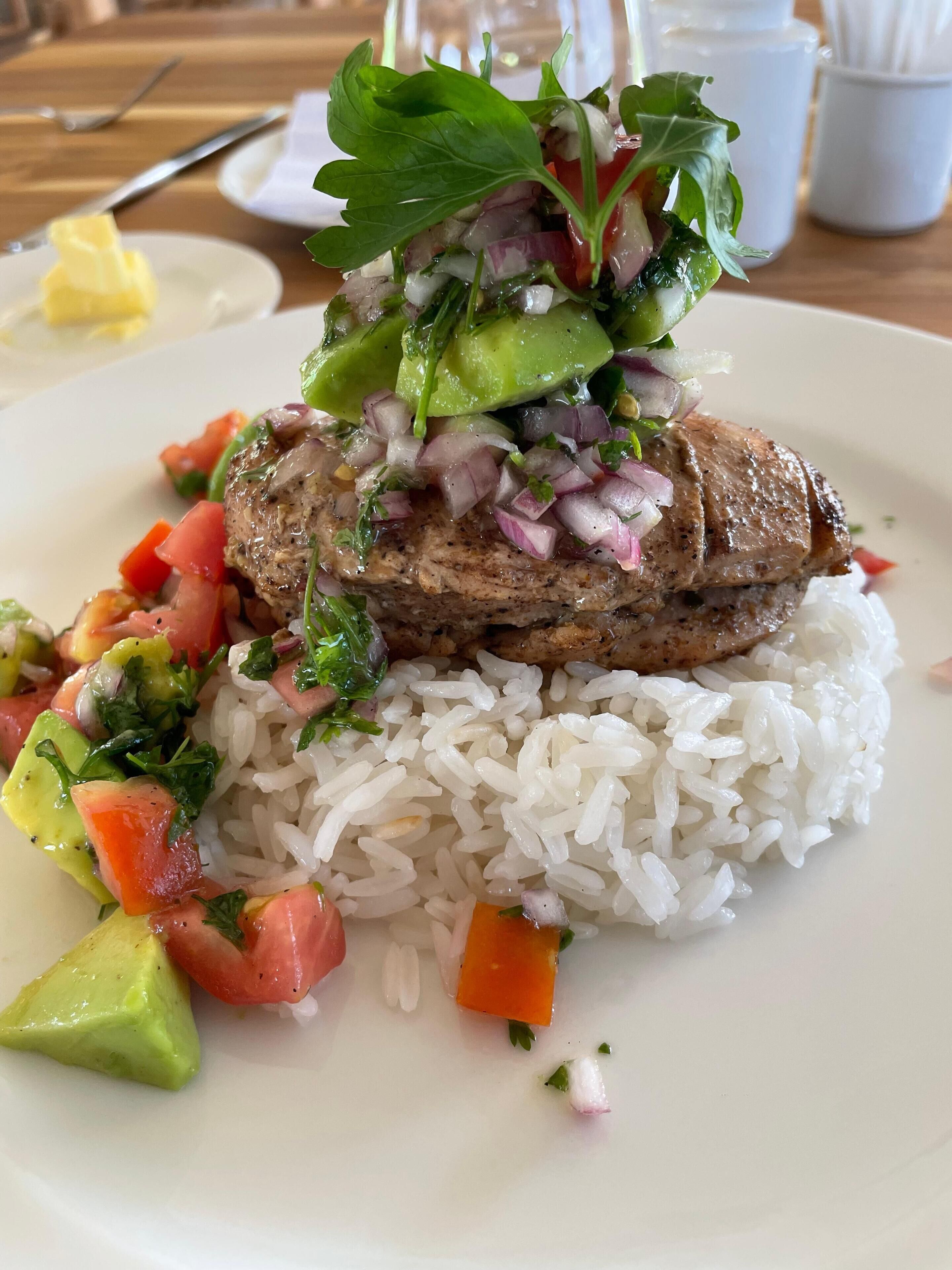 A plate with a meat dish, rice, and a side salad.