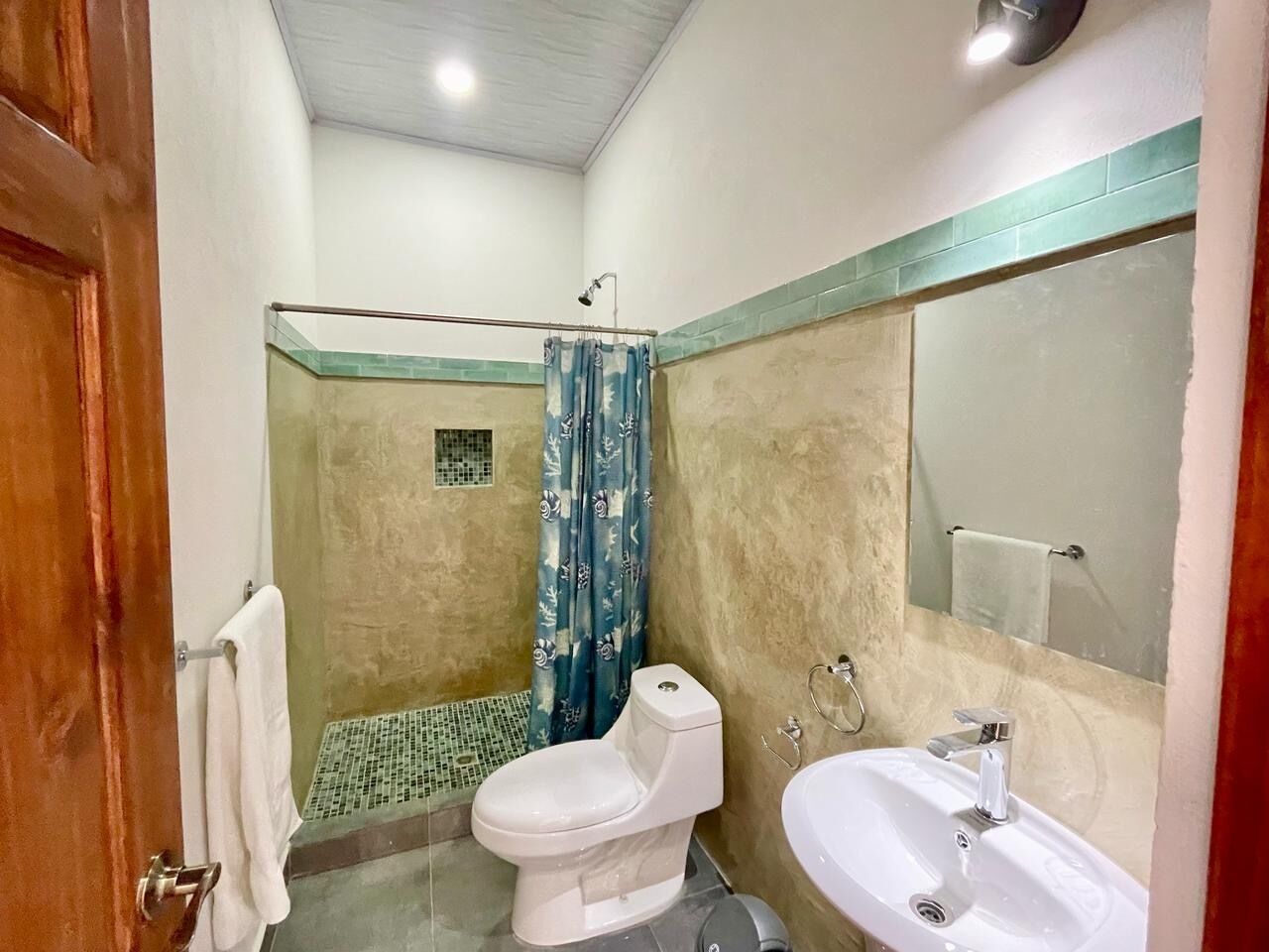 Een badkamer met toilet, douche en wastafel.