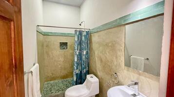 Een badkamer met toilet, douche en wastafel.