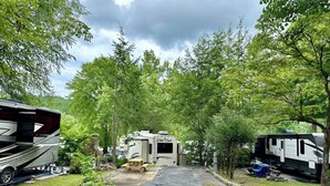 Un terrain de camping où des camping-cars sont stationnés sur une aire goudronnée, entourée d’arbres.