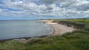 Eine Küstenlandschaft mit Sandstrand, grasbewachsenen Dünen und einem ruhigen Meer unter einem bewölkten Himmel.