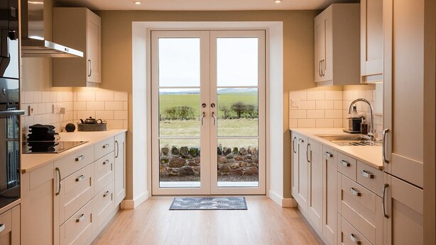 Eine moderne Küche mit hellen Holzschränken, einem eingebauten Ofen und einem großen Fenster mit Blick auf die Landschaft.