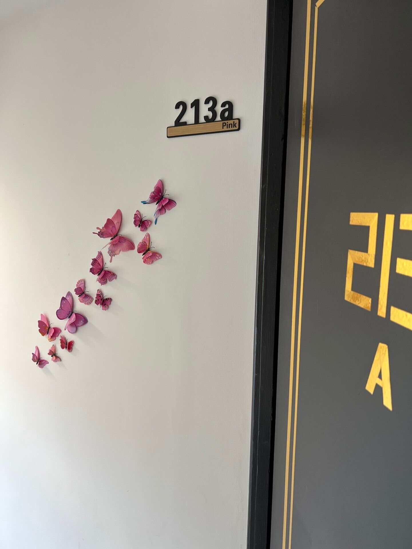 Een muur met een bord waarop '213a Pink' staat en een rij roze vlinderdecoraties.