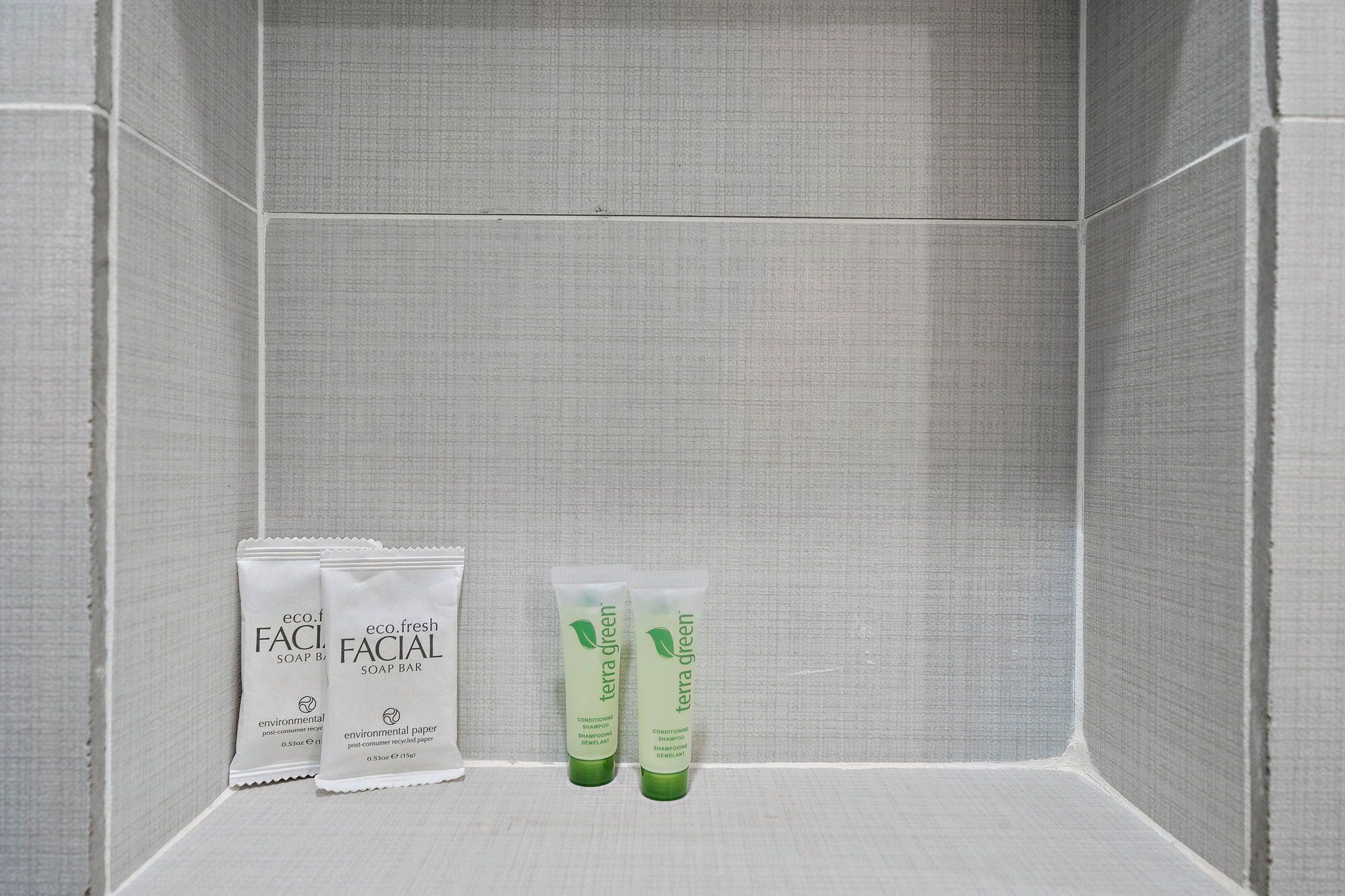 Een badkamer met een betegelde muur en twee zeepjes met de aanduiding 'terra green' op een plank.