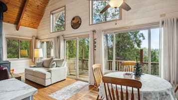 Smart TV, chimenea, libros y estéreo