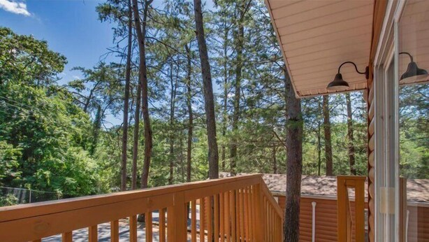 Une terrasse en bois avec une rambarde, un espace porche couvert et une vue sur une zone boisée.