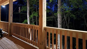A wooden deck with a railing, overlooking a forested area at night.
