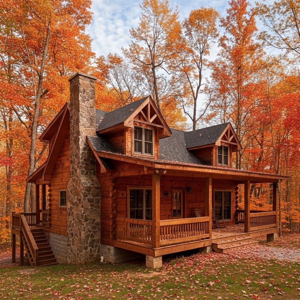 A log cabin with a stone chimney, a porch, and a staircase leading to an upper level.
