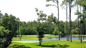 A golf course with a pond, surrounded by trees and a clear sky. - Charming 3-bedroom Golf Villa in Murrells Inlet South Carolina (Murrells Inlet)