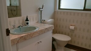 A bathroom with a sink, toilet, and shower. - Spacious, comfortable, Pet Friendly 3-Bed House minutes from the Big Pineapple  (Woombye)