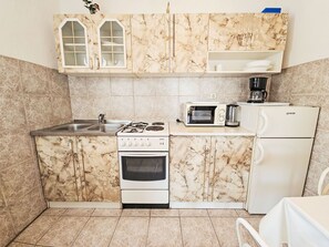 Fridge, microwave, oven, cookware/dishes/utensils