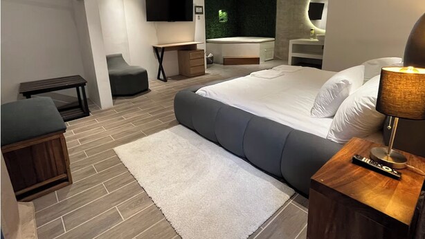 Un dormitorio moderno con una cama grande, un escritorio, una silla, un televisor y una bañera.