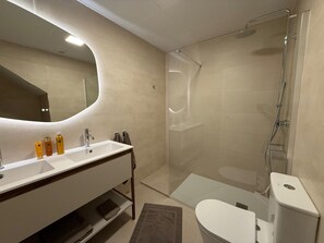 Shower, hair dryer, towels