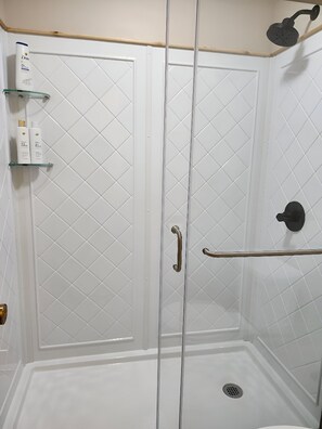 Shower, hair dryer, towels, soap