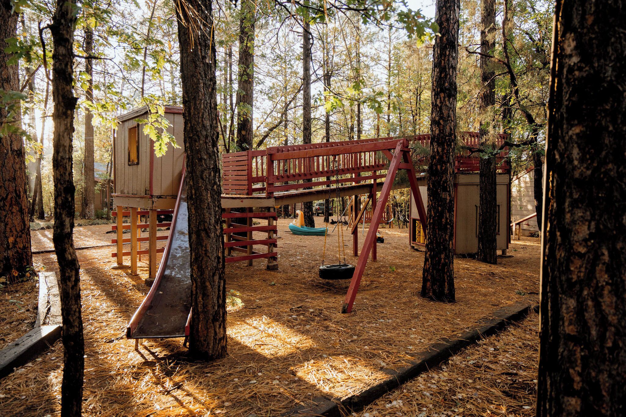 A playground with a swing set, a slide, and a small cabin-like structure surrounded by trees.