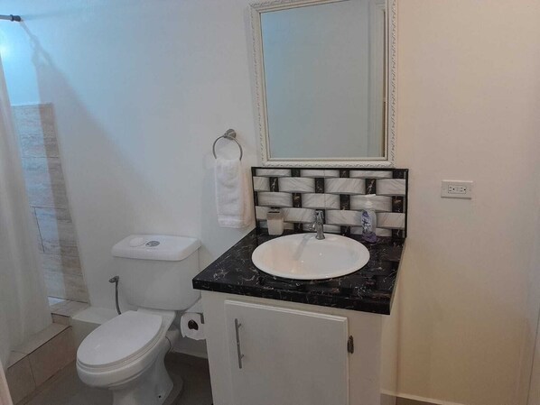 A bathroom with a toilet, sink, and a towel rack. - Cozy 1-bedroom apartment with AC, WiFi kitchen in the Capital City, Georgetown (Georgetown)