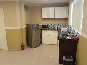 Fridge, microwave, stovetop, electric kettle