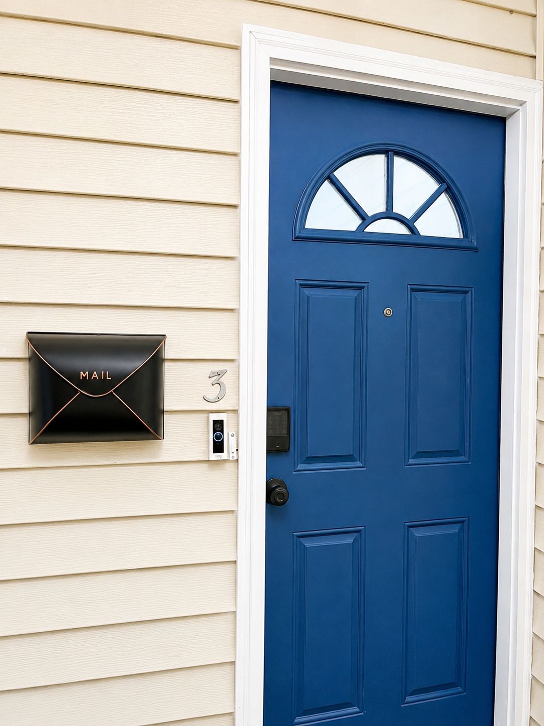 A blue door with a mail slot and a mailbox with 'MAIL' labeled on it.