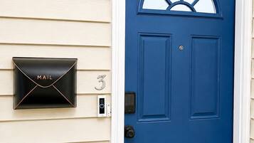 A blue door with a mail slot and a mailbox with 'MAIL' labeled on it.