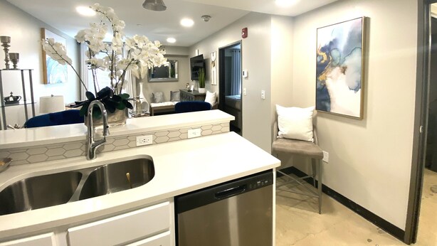 A modern kitchen with a dishwasher, a sink, and a dining area with a chair and a table.