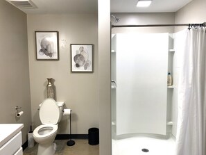 Hair dryer, towels, soap, toilet paper