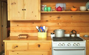 Kjøleskap, ovn, kokeplater og kaffetrakter/tekoker