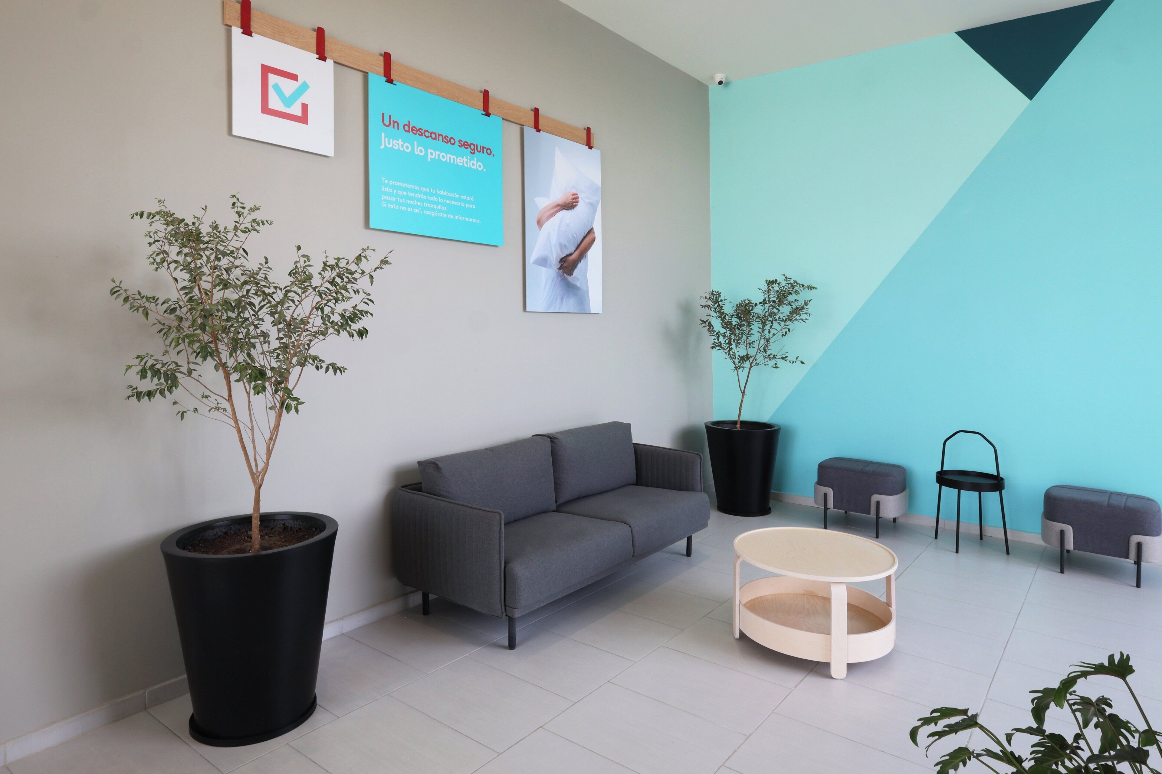 A modern waiting area with a grey sofa, a round wooden table, and two potted plants.