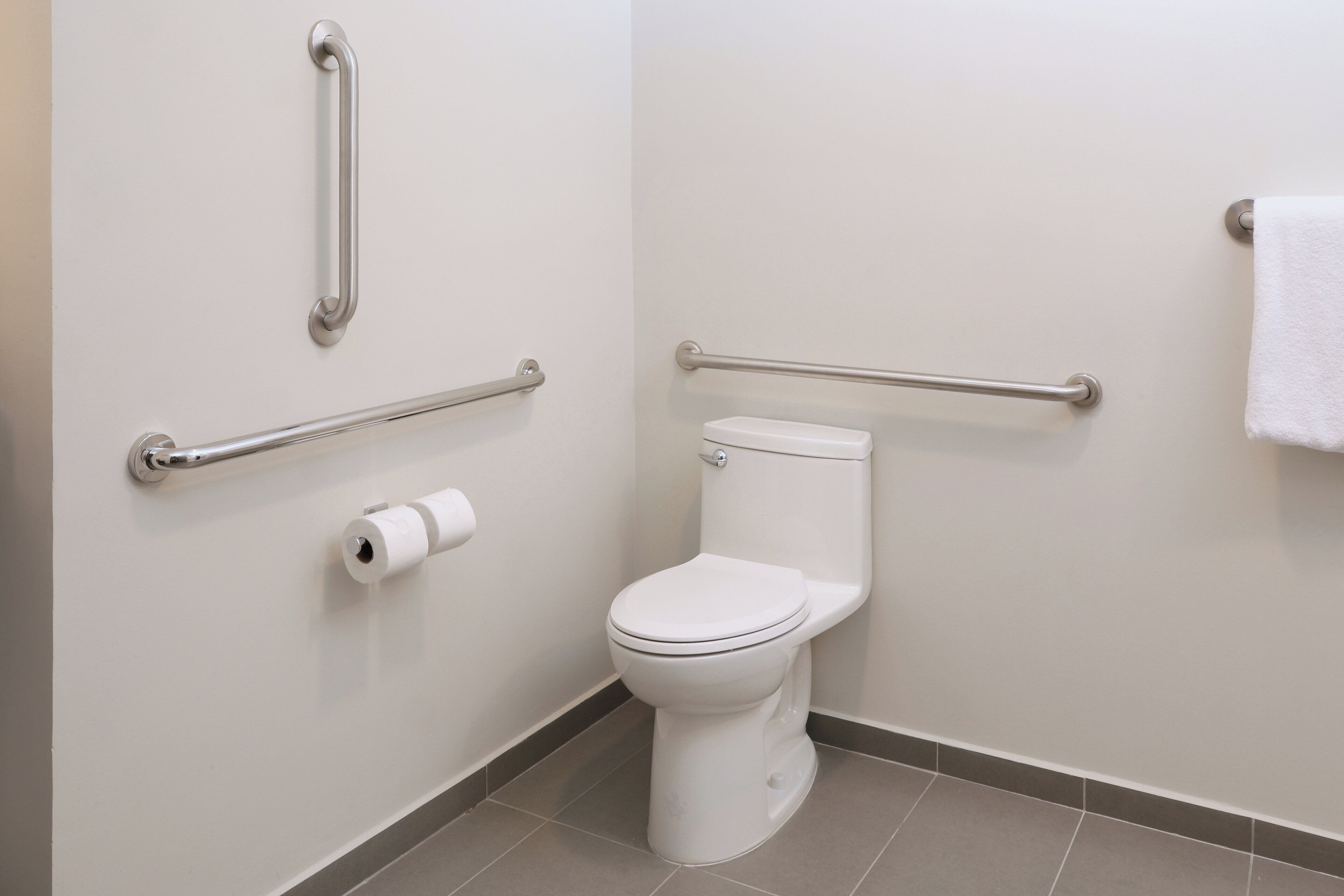 Une salle de bain standard avec des toilettes blanches, des barres d’appui et un porte-serviettes.