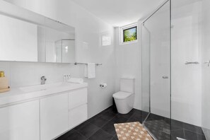 Shower, hair dryer, towels