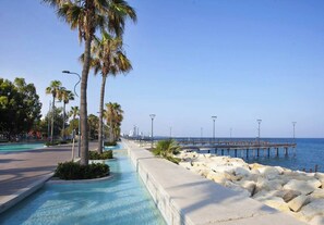 Eine Uferpromenade mit einer Betonbarriere, Palmen und einem Steg, der sich ins Wasser erstreckt.
