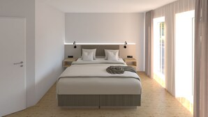 Een moderne slaapkamer met een groot bed, nachtkastjes en een hoofdbord met geïntegreerde verlichting.