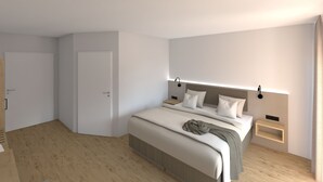 Een moderne slaapkamer met een groot bed, nachtkastjes en een garderobe.