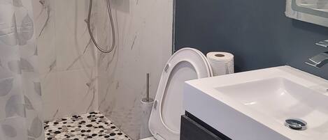 Shower, hair dryer, towels, soap