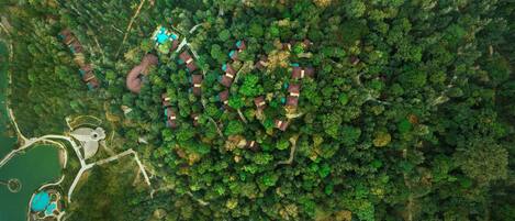 Vista aérea de una zona boscosa con varias construcciones pequeñas, probablemente cabañas o casas de campo, dispuestas en círculo alrededor de un espacio abierto central.