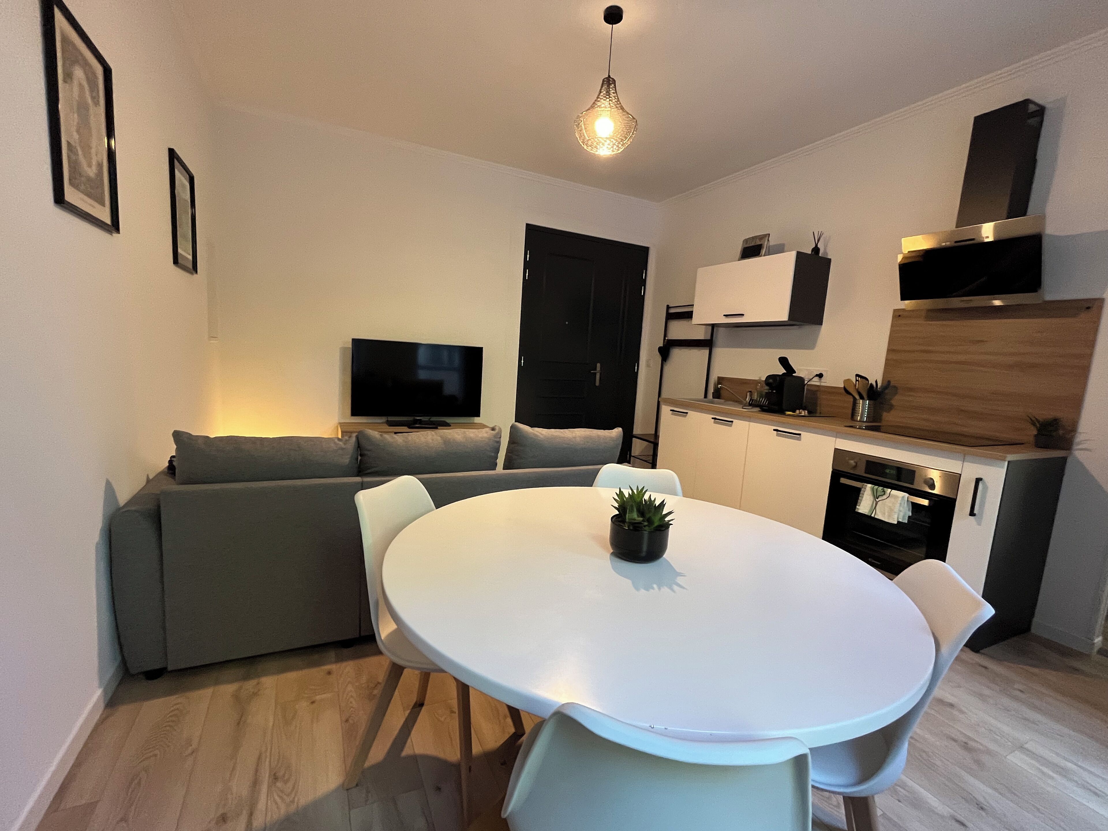 A compact living space with a dining area, a sofa, a TV, a kitchenette, and a hanging light fixture.