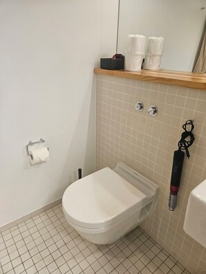 Shower, hair dryer, towels, toilet paper