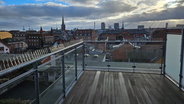 A rooftop terrace with a view of a cityscape, including historic buildings and a church spire. - Central apartment with panoramic view and roof terrace   (Aarhus)