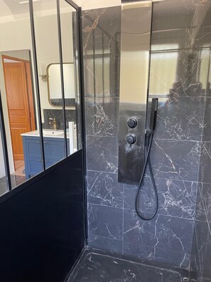 Douche, baignoire à jets, sèche-cheveux, serviettes fournies