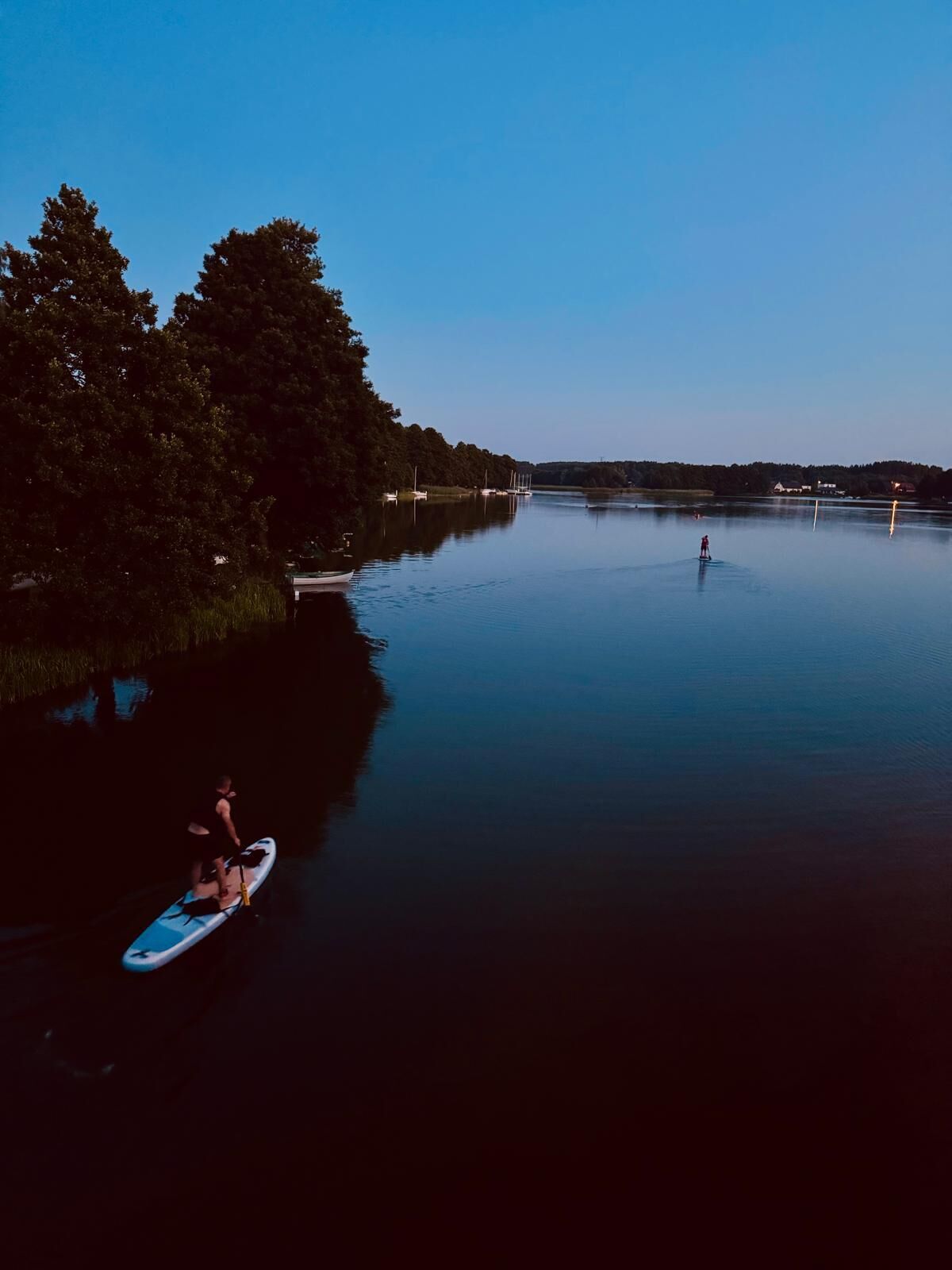 A calm lake with a single person paddleboarding, surrounded by trees and a clear sky.