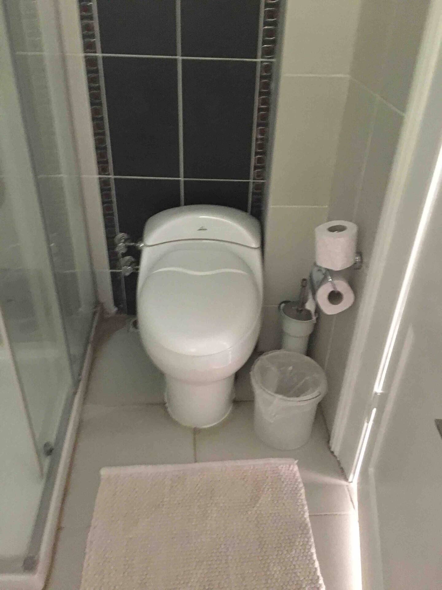 A small bathroom with a toilet, a trash bin, and a toilet paper holder.