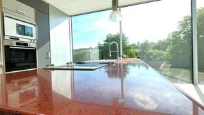 A modern kitchen with a large island, built-in appliances, and a view of the outdoors. - Apartment in villa, sky view, elevator, luxury floor (Bad Hall)