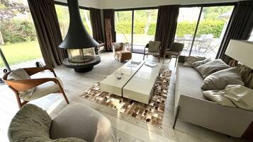 TV, fireplace, books, stereo