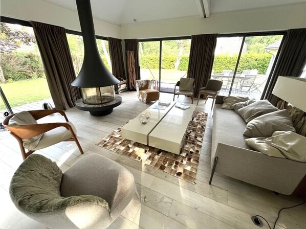 TV, fireplace, books, stereo