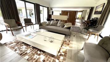 TV, fireplace, books, stereo