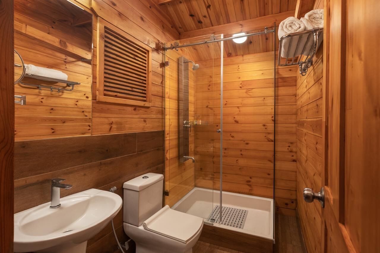 Ein Badezimmer in einer Holzhütte mit Dusche, Waschbecken, Toilette und Handtuchhalter.