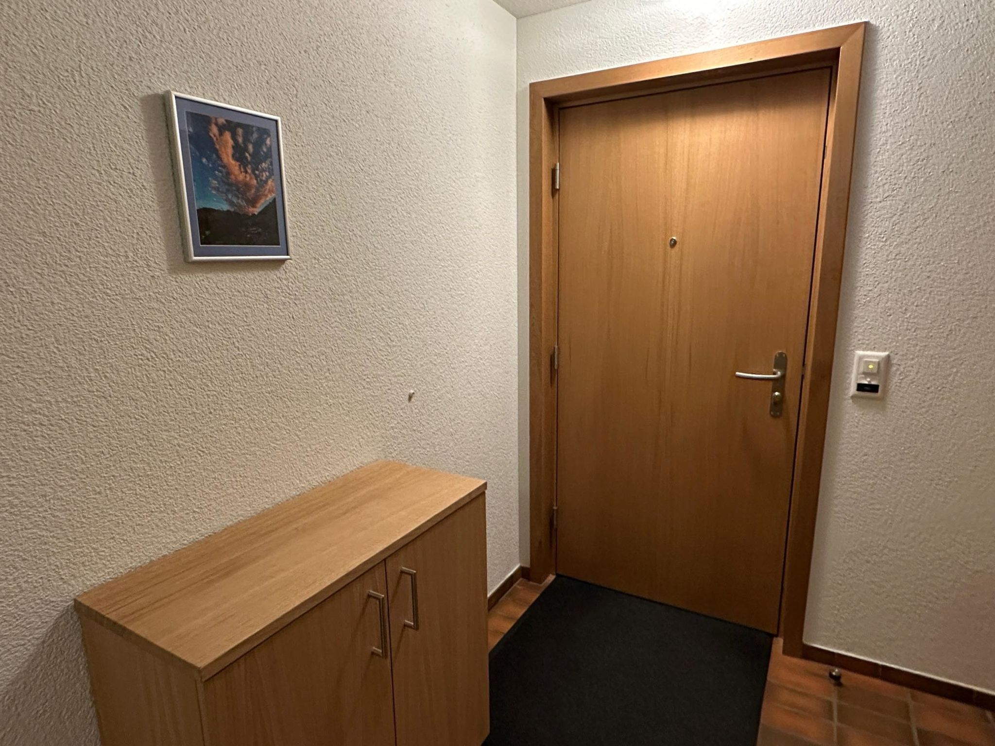 En gang med en trädør, et lille skab i træ og et billede i ramme på væggen.