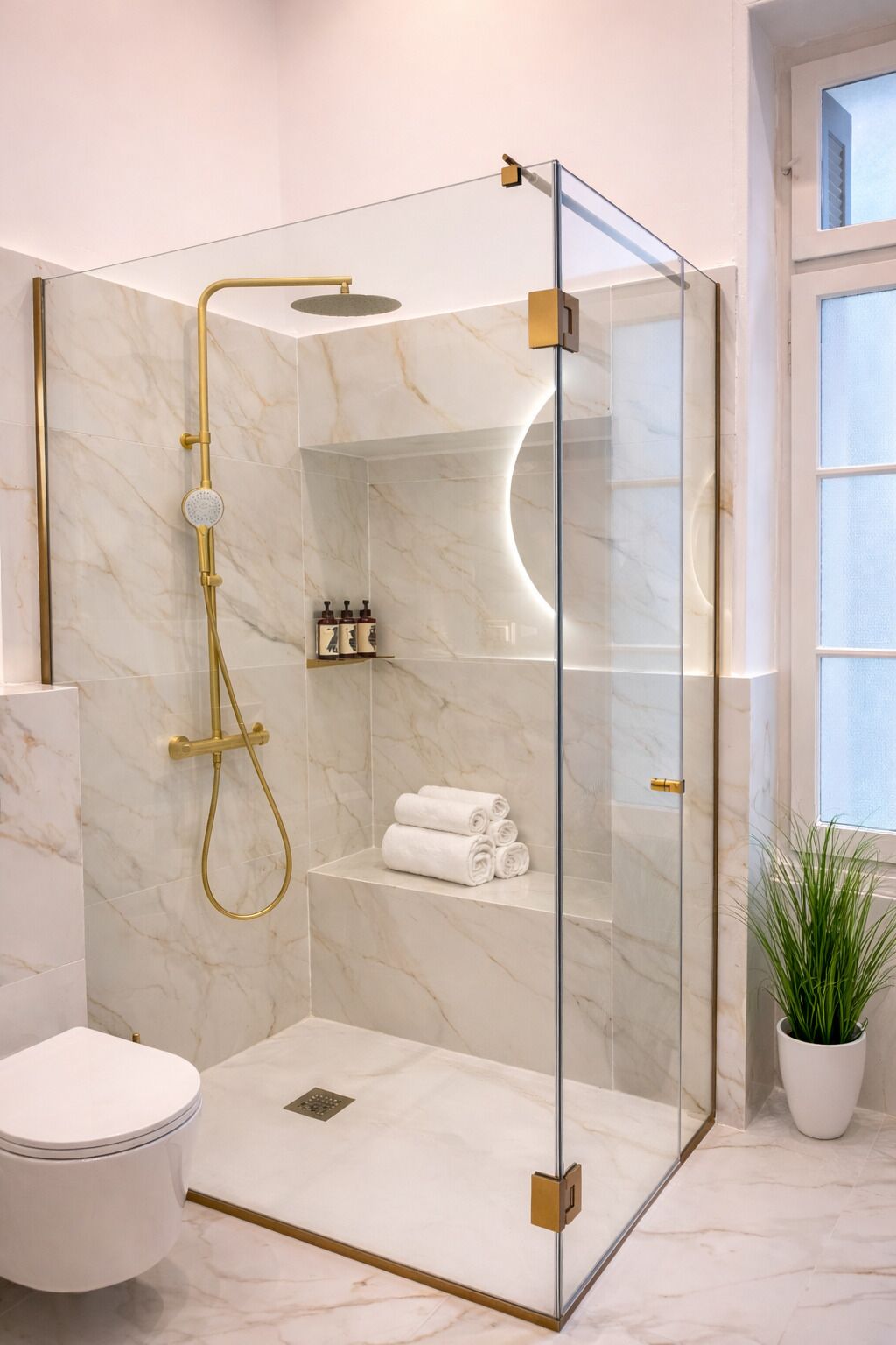 A modern bathroom with a glass-enclosed shower, marble walls, a toilet, and a potted plant.