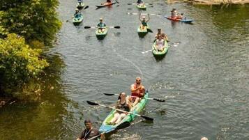 Un grupo de personas hacen kayak en un río rodeado de abundante vegetación.
